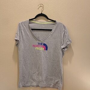 The North Face Gray V-Neck Tee with Colorful Logo